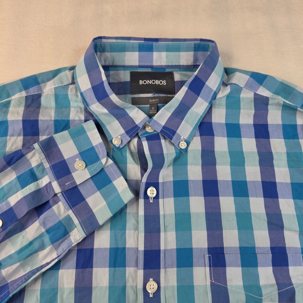 Bonobos Button Down Shirt Mens L Blue Teal Gingham Slim Fit 18106-BLQ70